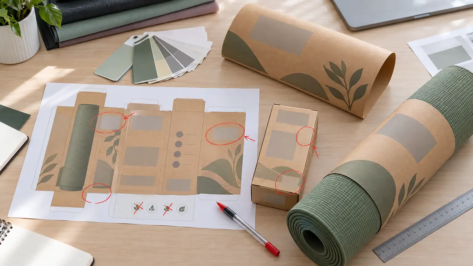 Yoga mat packaging proofs marked up in red pen during a review of environmental claims
