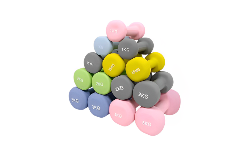 Pastel-colored neoprene dumbbells stacked in pyramid from 1kg to 8kg