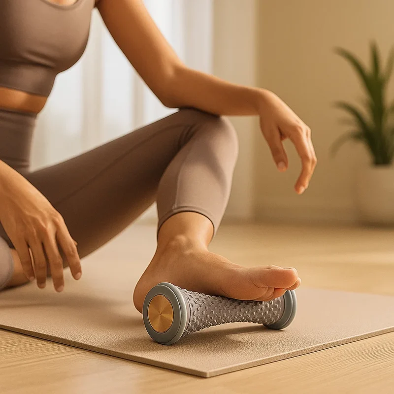 Woman Using Foot Massage Roller for Relaxation and Muscle Recovery