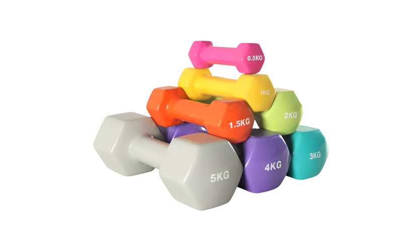 Colorful hex-shaped vinyl dumbbell set ranging from 0.5kg to 5kg