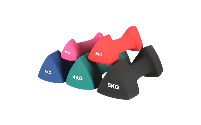 Set of colorful triangular neoprene dumbbells from 1kg to 5kg
